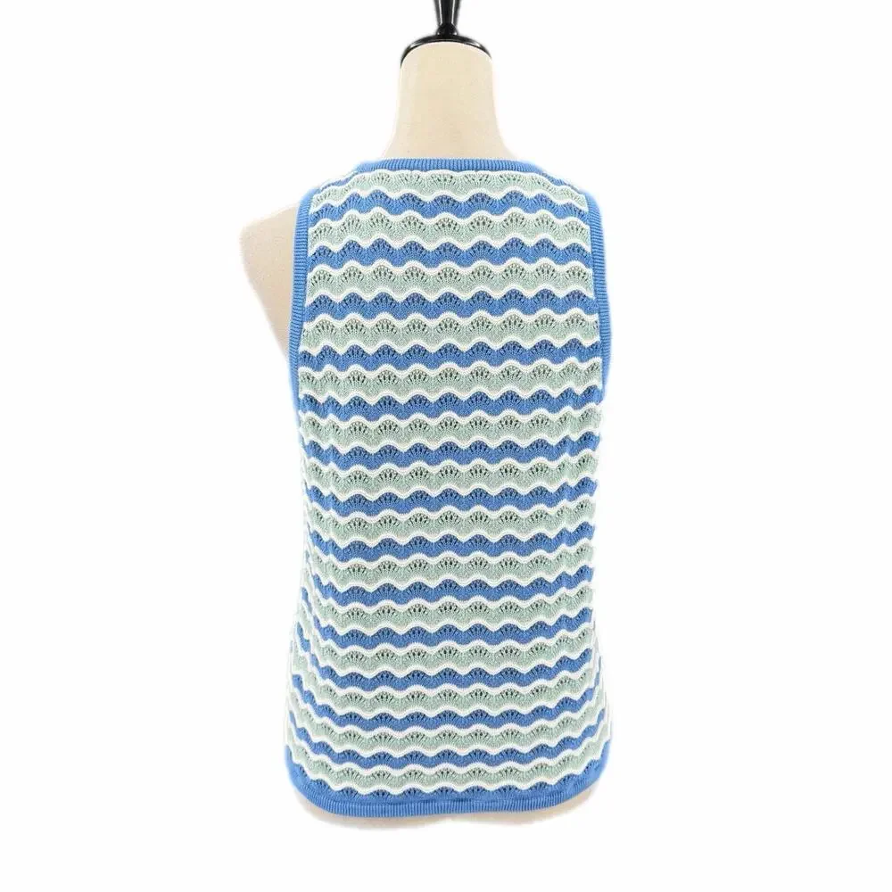 Marine Layer Blue White 100% Cotton Scalloped Wavy Knit Sleeveless Sweater Tank